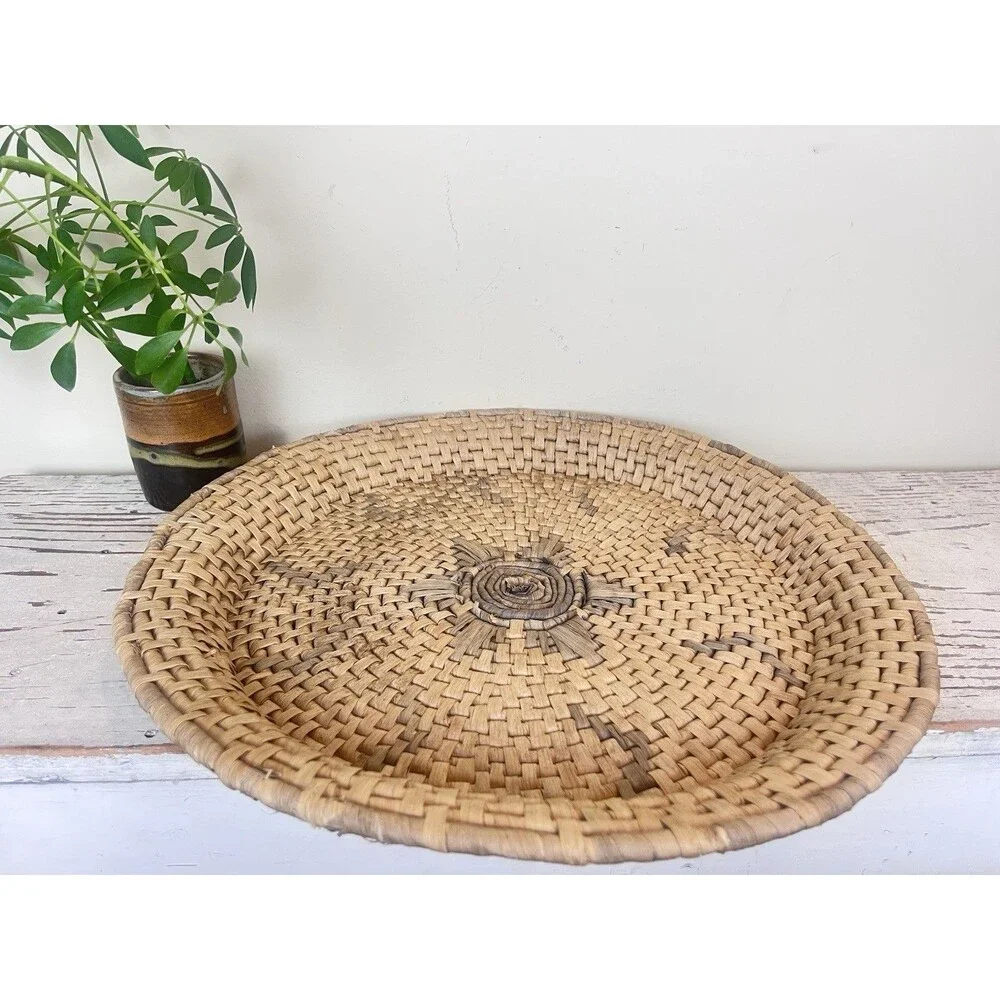 Vintage Large Rustic Primitive Woven Tray Basket Large Tan & Grey 16.5” Israel